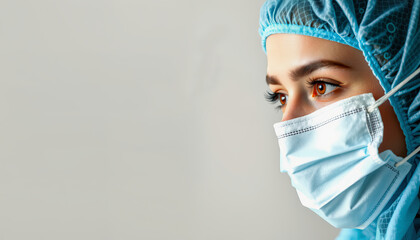 Focused medical professional wearing surgical mask and cap with expressive eyes