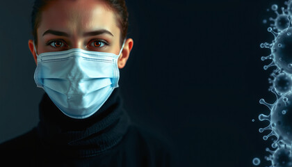 Young woman wearing protective face mask with virus particles on dark background