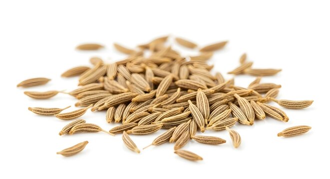 A close up view of a pile of cumin seeds on a white surface in a studio shot