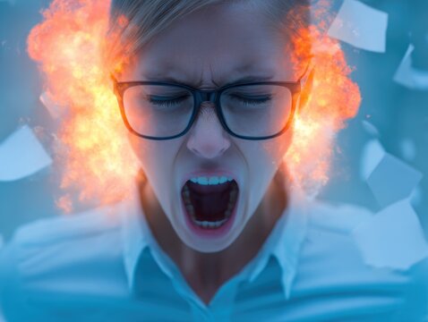 Angry businesswoman, fire, papers