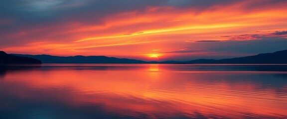 Sunrise over calm lake, minimalist vector art ,  water,  orange