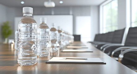 Modern business meeting room with aligned chairs, clear water bottles, and projector set up in a tidy environment.