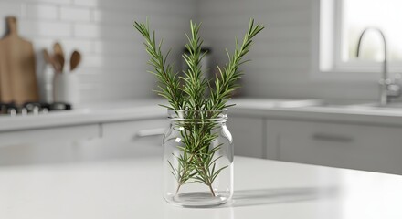Rosemary sprigs in a glass jar on a white kitchen counter with blurred background