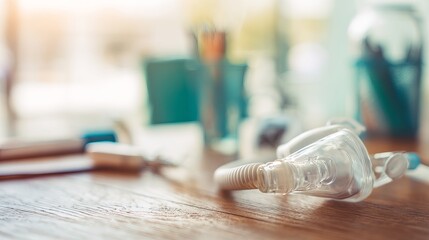 Close-up of nebulizer mask placed on wooden table with medical equipment, healthcare and respiratory treatment concept for asthma or lung disease patients.