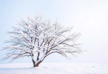 Snow-laden branches of a solitary tree against a winter sky,  nature,  frost
