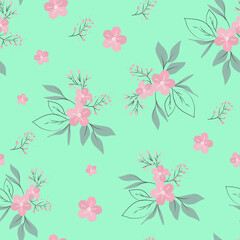 Hand drawn pink flowers and leave, seamless patterns with floral for fabric, textiles, clothing, wrapping paper, cover, banner, interior decor, abstract backgrounds.