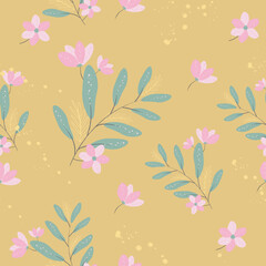 Hand drawn flowers and leave, seamless patterns with floral for fabric, textiles, clothing, wrapping paper, cover, banner, interior decor, abstract backgrounds.