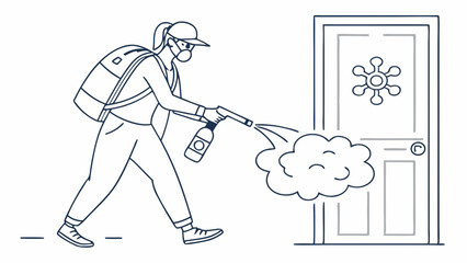 Line Art: Sanitizing Doorway with Backpack Sprayer, Protective Gear.