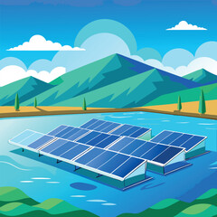 Modern Vector Design of Interconnected Solar Panels on a Calm Lake  