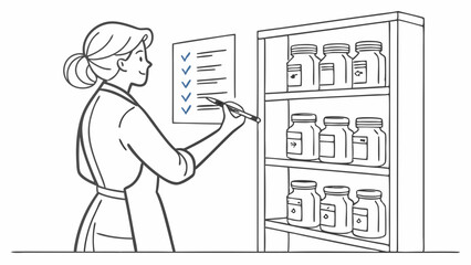 Outline illustration: Woman checking inventory of labeled jars on shelves, checklist on wall.