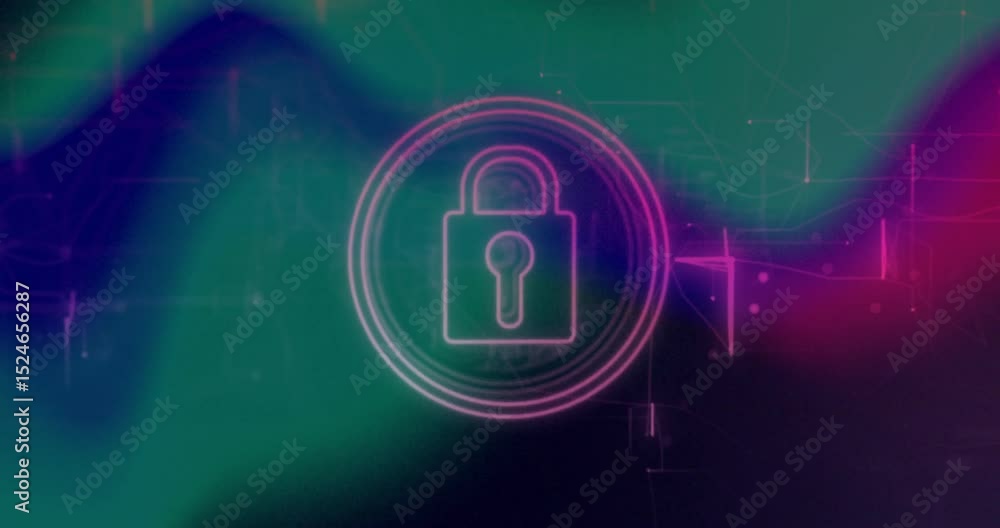 Poster waveforms receding revealing padlock icon in rings while waves pulsating representing secure access