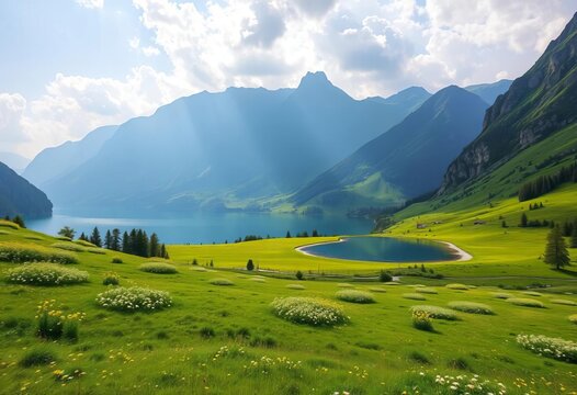 Serene mountain lake, lush green meadow, vibrant landscape, fresh, green