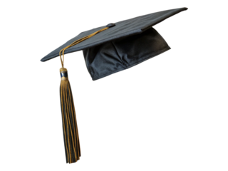 Modern black graduation cap template with long black tassel, isolated on transparent background, PNG cutout file