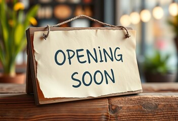 Rustic paper sign on wood, "Opening Soon" message, blurred background,  celebration,  notification