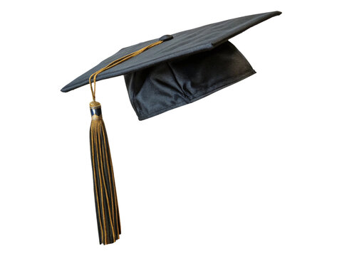 Modern black graduation cap template with long black tassel, isolated on transparent background, PNG cutout file