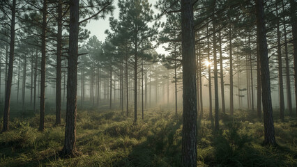 Misty Forest with Sunlight