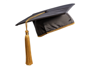 Side angled black graduation cap with shimmering gold tassel, template on transparent background for vector projects