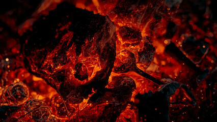 A close-up shot of glowing embers on a fire, showing the intense red and orange hues of the flames. The heat and energy from the fire are visually captured in this powerful image.
