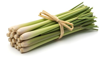 A bundle of fresh lemongrass tied with raffia on a white surface in close up view