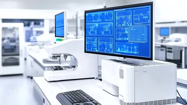 A computer lab with two monitors and a keyboard