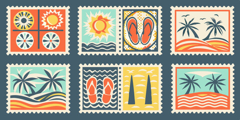 Collection of Summer Themed Postage Stamps with Tropical Beach Scenes Flip Flops and Sun Illustrations in Retro Style and Bright Colors
