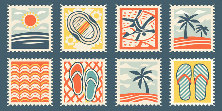 Collection of Summer Themed Postage Stamps with Beach Scenes Palm Trees and Flip Flops in Retro Style and Warm Colors