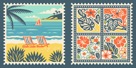 Vintage Style Tropical Beach and Floral Stamps Vacation Postcard Design Retro Travel Illustration Summer Holiday Nostalgic Souvenir Colorful Graphic Vector Art © Dibyendu