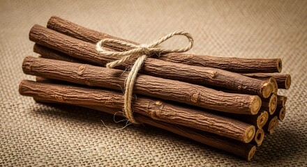 A bundle of licorice root sticks tied with twine on a burlap sack background close up