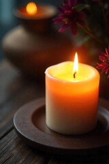 Close-up of a softly glowing candle, creating a warm and inviting candlelit ambiance Perfect for relaxation, spa, meditation, or romantic themes , tranquility, flame effect, still life