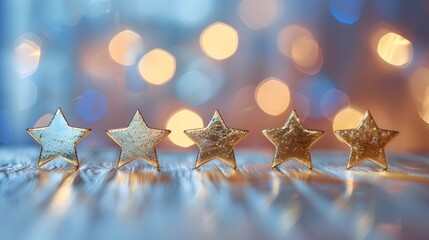 Five Gold Stars on Blue Background with Bokeh Lights - Award, Rating, Review, Feedback