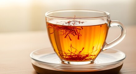 A clear glass cup filled with saffron tea sitting on a glass saucer on a table top