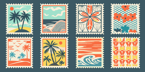 Collection of Retro Style Tropical Island Postage Stamps Featuring Palm Trees Flowers Ocean Waves and Abstract Geometric Designs Vacation Theme
