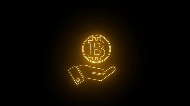 Glowing neon line Open hand with bit coin icon. Block chain technology, digital money market, crypto coin wallet.Businesswoman hand holding virtual bitcoin symbol icon.