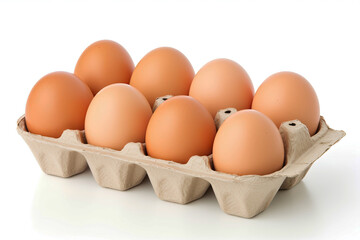 Ten fresh eggs uncooked in a carton box on a white background