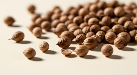 A close up view of a pile of coriander seeds on a light surface in soft lighting