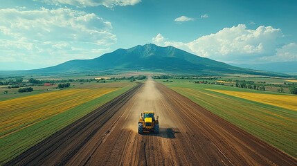 Tractor plowing field, mountain backdrop, rural landscape, agriculture