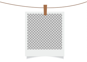 Single white photo frame suspended with a clothespin showcasing a transparent background for creative design use.