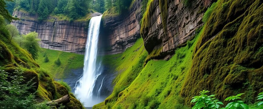 Majestic Multnomah Falls cascading down basalt cliffs, lush greenery,  fauna,  landscape