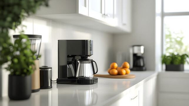 un fondo de una cocina elegante lujosa limpia y ordenada con una cafetera electrica para preparar delicioso cafe con rico aroma 