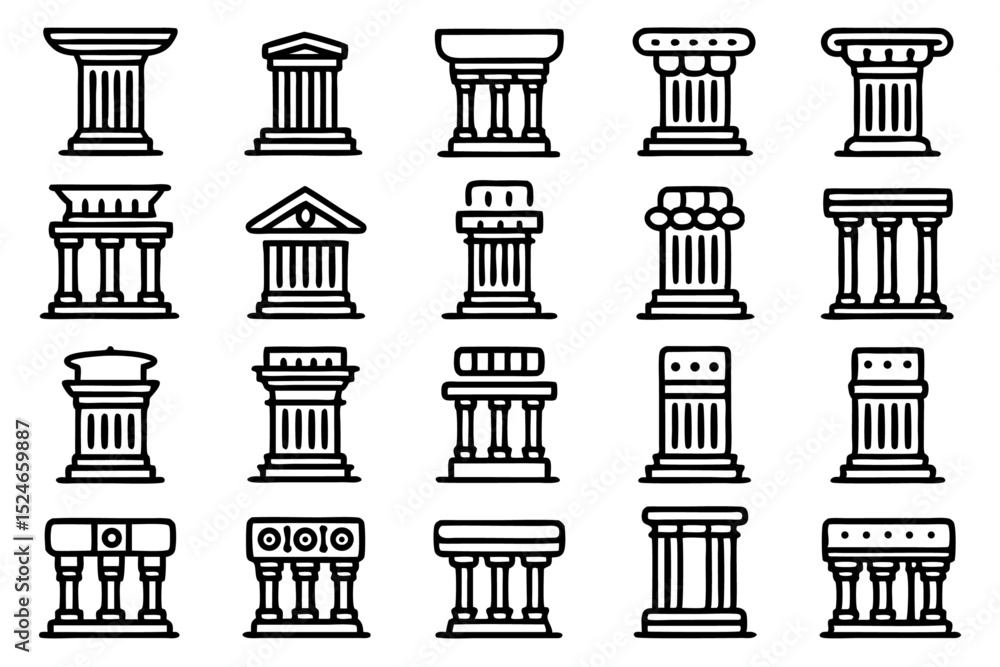 Poster ancient pillar icon set editable stroke outline design isolated on transparent background