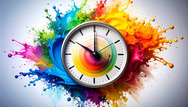 Vibrant Rainbow Paint Splash Exploding Around a Clock Representing Time's Passage and Creativity