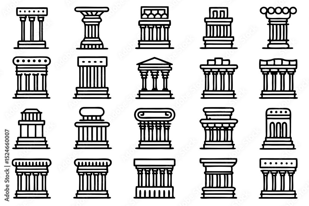 Poster ancient pillar icon set editable stroke outline design isolated on transparent background
