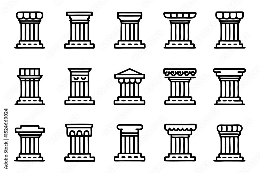 Poster ancient pillar icon set with editable stroke and outline isolated on transparent background