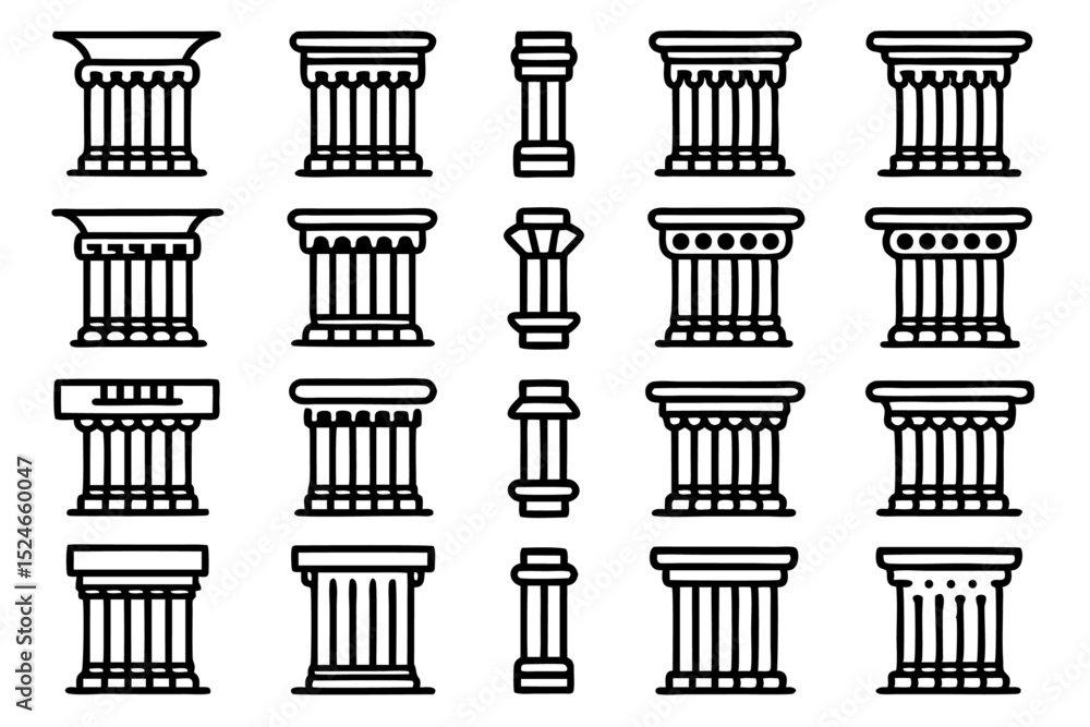 Poster ancient pillar icon set editable stroke outline design isolated on transparent background