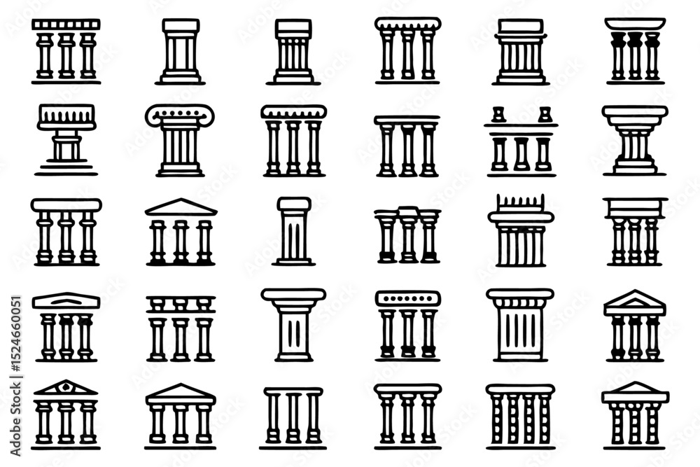 Poster ancient pillar icon set with editable stroke and outline isolated on transparent background