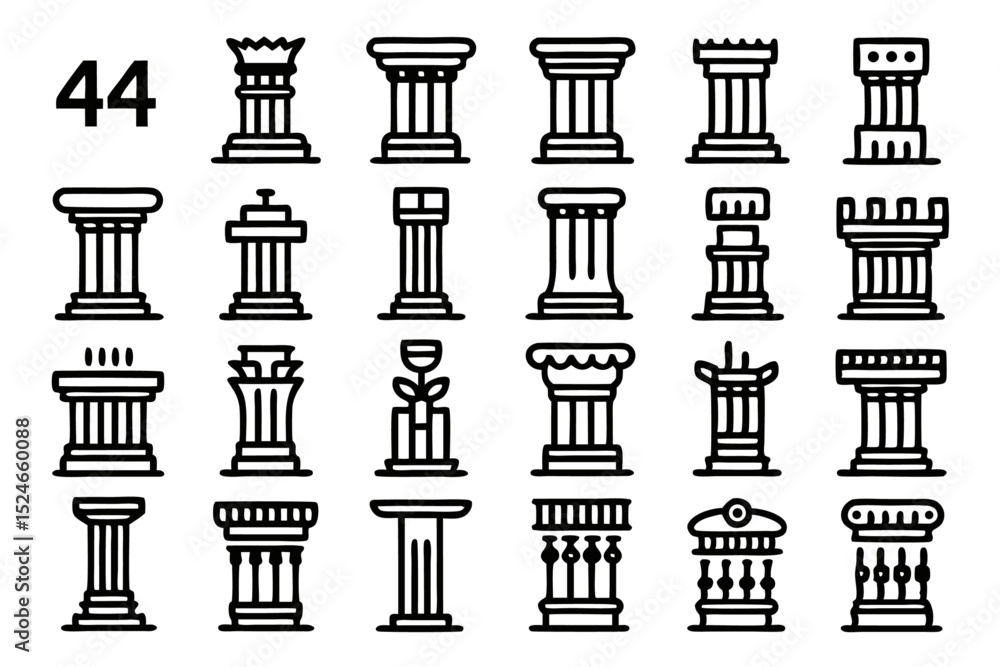Aufkleber ancient pillar icon set editable stroke outline design isolated on transparent background