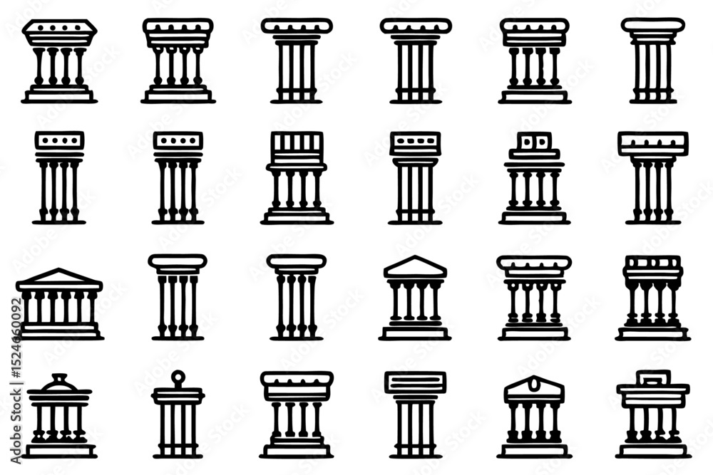 Poster ancient pillar icon set editable stroke outline design isolated on transparent background