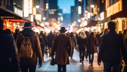 City street at night, crowded pedestrians