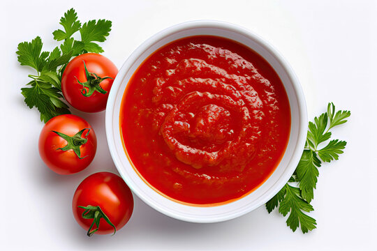 Top view of delicious homemade tomato sauce in a bowl with a white background