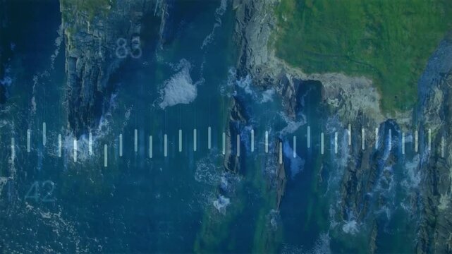 Clear bars appearing over coastline pulsing orange waveform, dimming then reappearing syncing audio